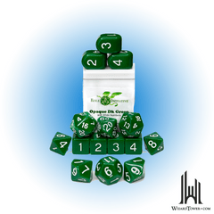 SET OF 15 DICE: OPAQUE GREEN/WHITE